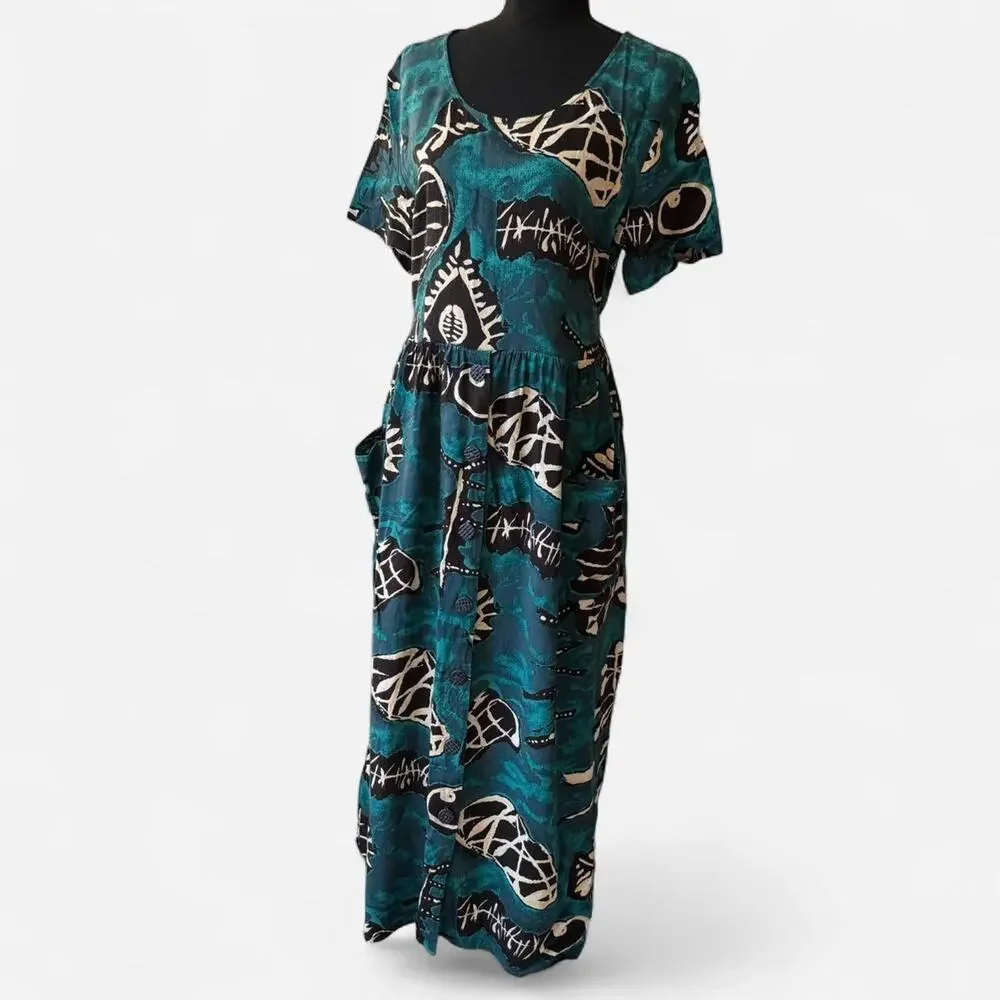 Vintage 80s abstract print flowy dress sz L pockets Lagenlook artsy boho fairy - Picture 4 of 8